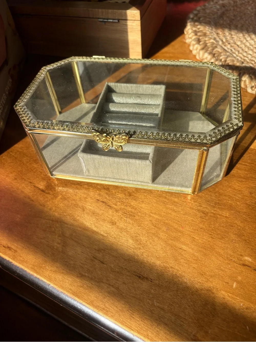 Gold Glass Jewelry Box with Butterfly Clasp - Gray Interior
